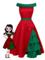 Robe à épaules dénudées rouge et verte sapin de Noël des années 1950