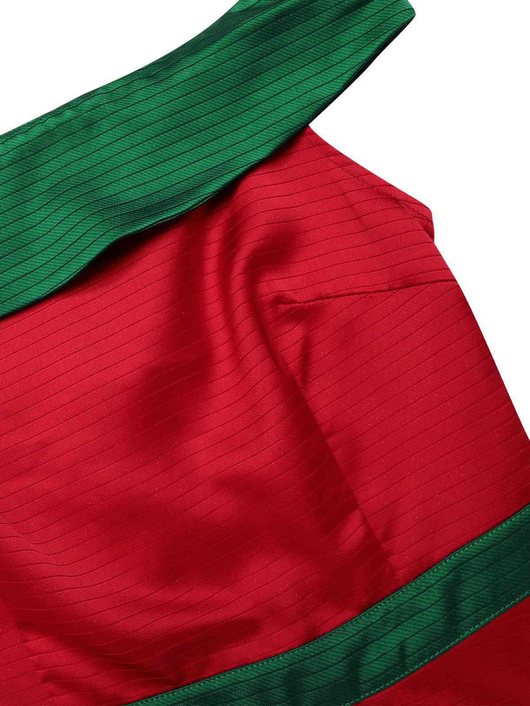 Robe à épaules dénudées rouge et verte sapin de Noël des années 1950