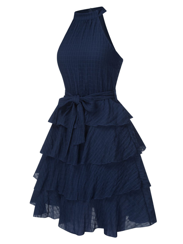Robe à volants col rond licou de couleur unie des années 1950