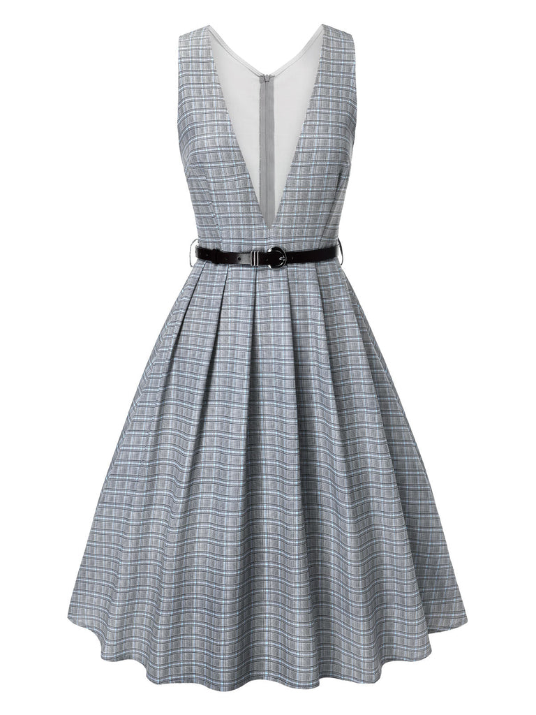 2PCS robe à carreaux et chemisier en satin gris à col en V des années 40