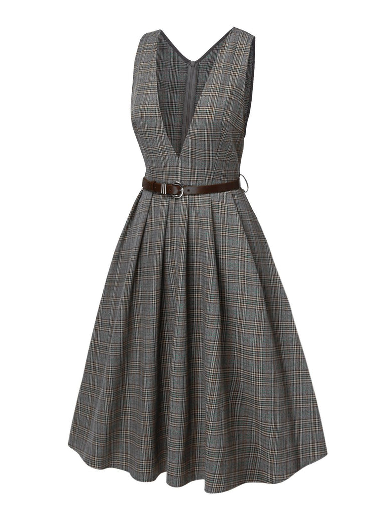 Robe à carreaux glen grise à col en V profond des années 40