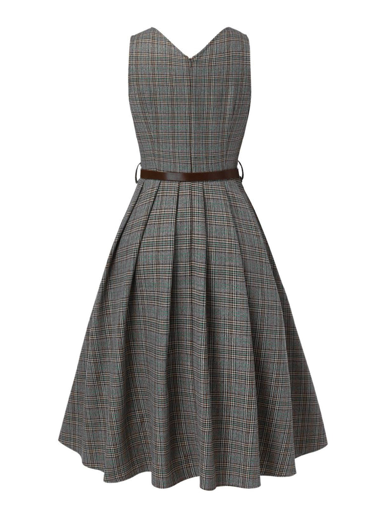 Robe à carreaux glen grise à col en V profond des années 40