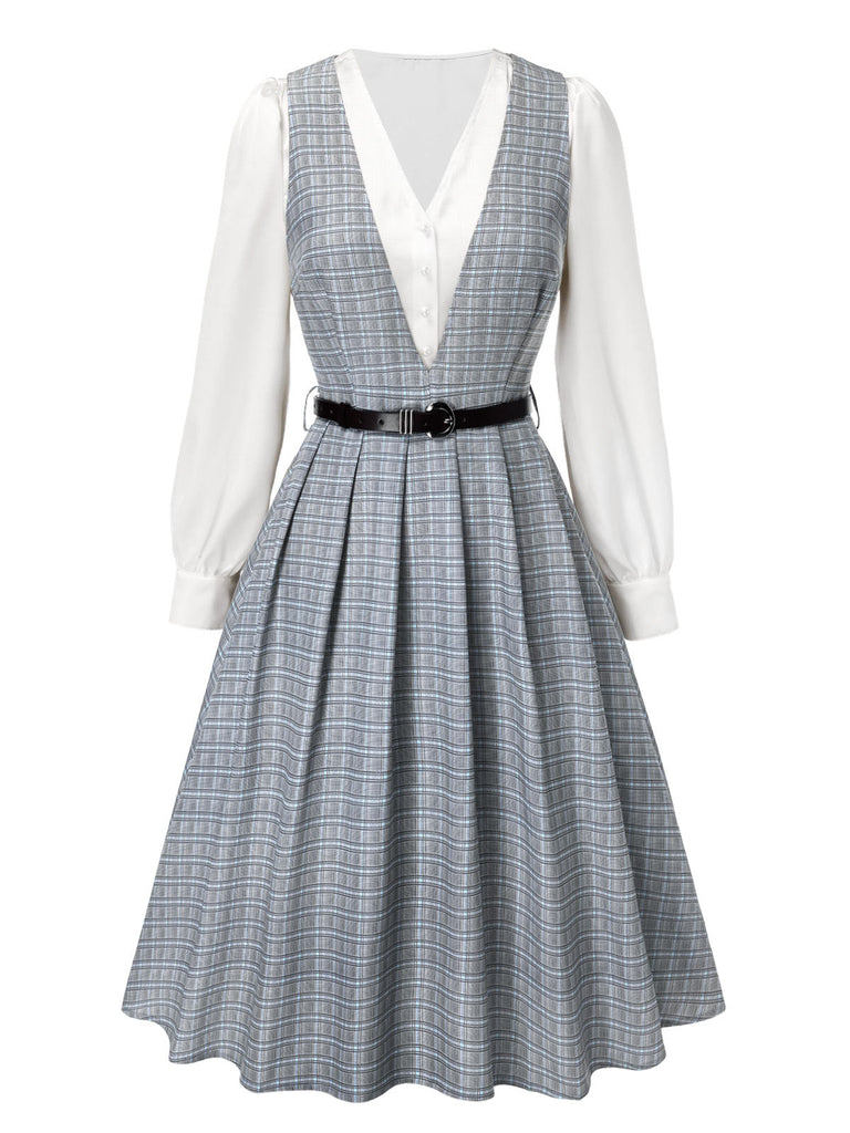 2PCS robe à carreaux et chemisier en satin gris à col en V des années 40