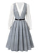 2PCS robe à carreaux et chemisier en satin gris à col en V des années 40