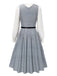 2PCS robe à carreaux et chemisier en satin gris à col en V des années 40