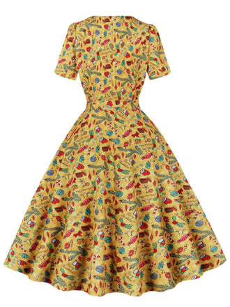 Robe patchwork à col carré de Noël des années 1950