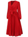 Robe plissée unie à col en V rouge des années 40