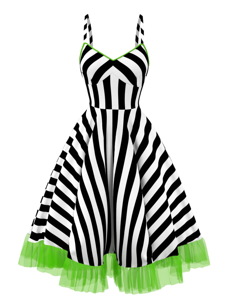 [Prévente] Robe en dentelle verte fluo à rayures rose et blanches des années 1950