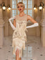 Robe à pampilles et paillettes en maille beige motifs floraux des années 1920