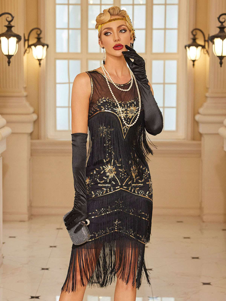 Robe à pampilles et paillettes en maille beige motifs floraux des années 1920