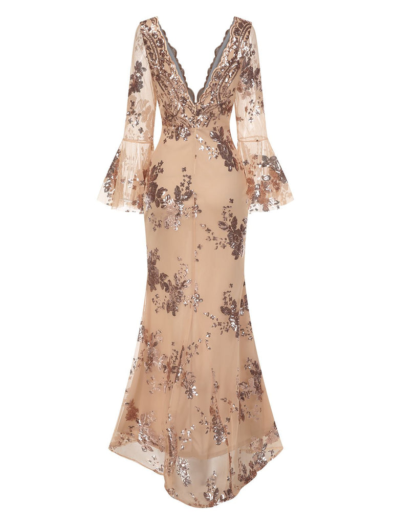 Robe longue à paillettes et col en V profond des années 1930