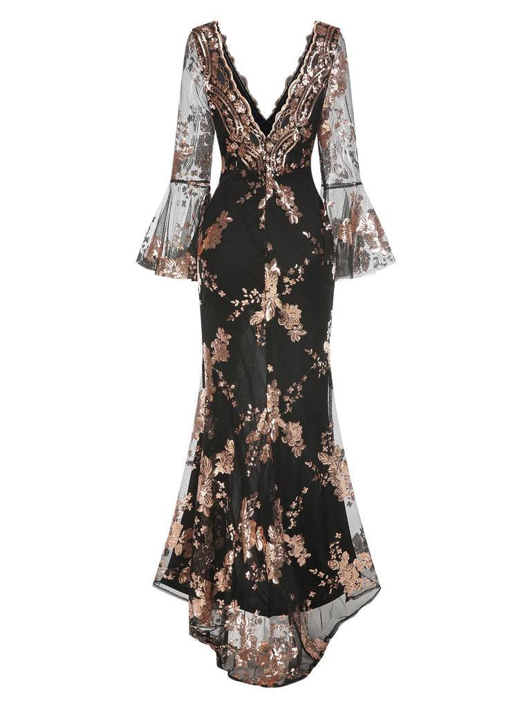 Robe longue à paillettes et col en V profond des années 1930