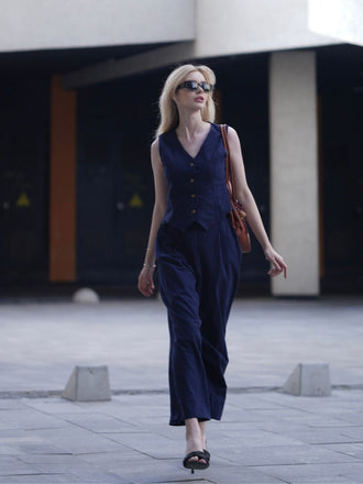 2PCS Costume blazer sans manches bleu foncé des années 1960