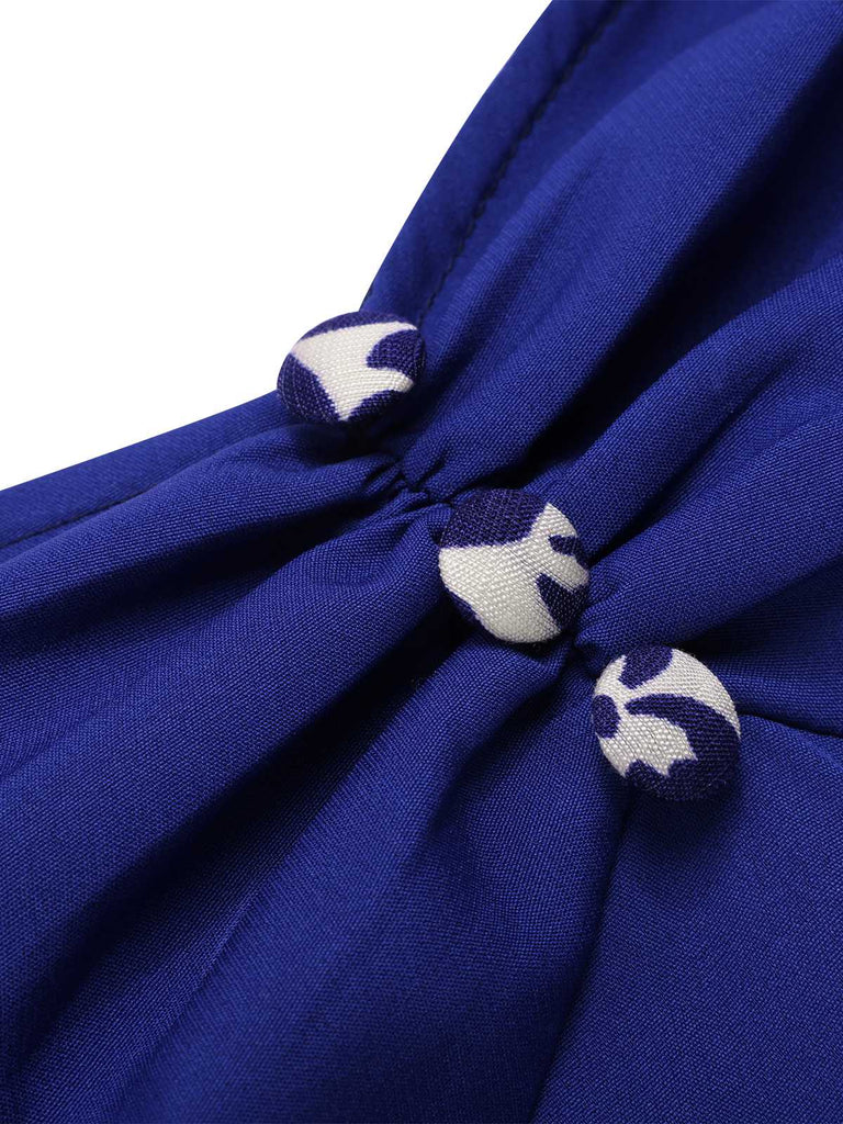 [Prévente] [Grande Taille] Robe bleu à col en cœur et boutons fleuris des années 1950