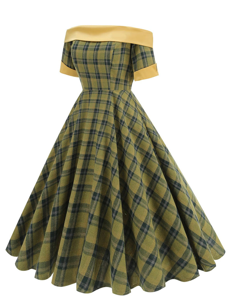Robe à carreaux patchwork vintage à épaules dénudées des années 1950