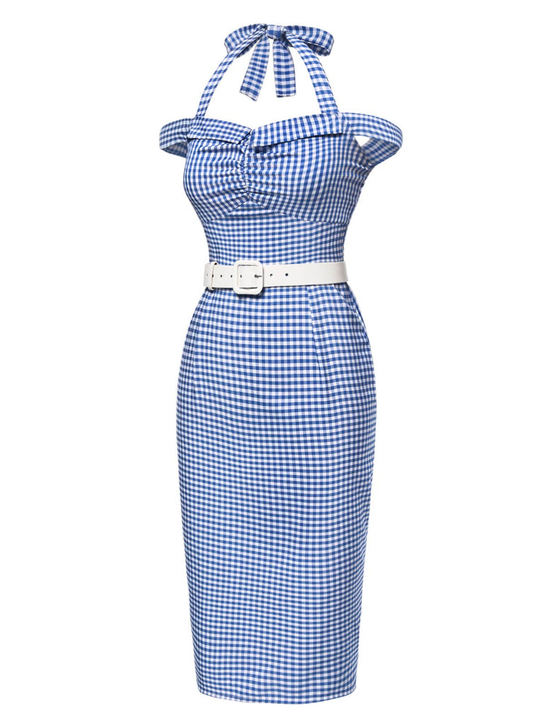Robe crayon à carreaux bleu licou à épaules dénudées des années 1960