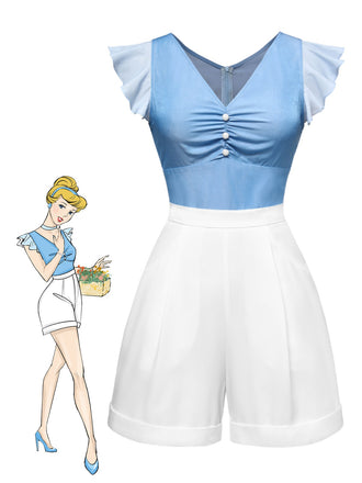 Combishort à volants Cendrillon bleue et blanche des années 40