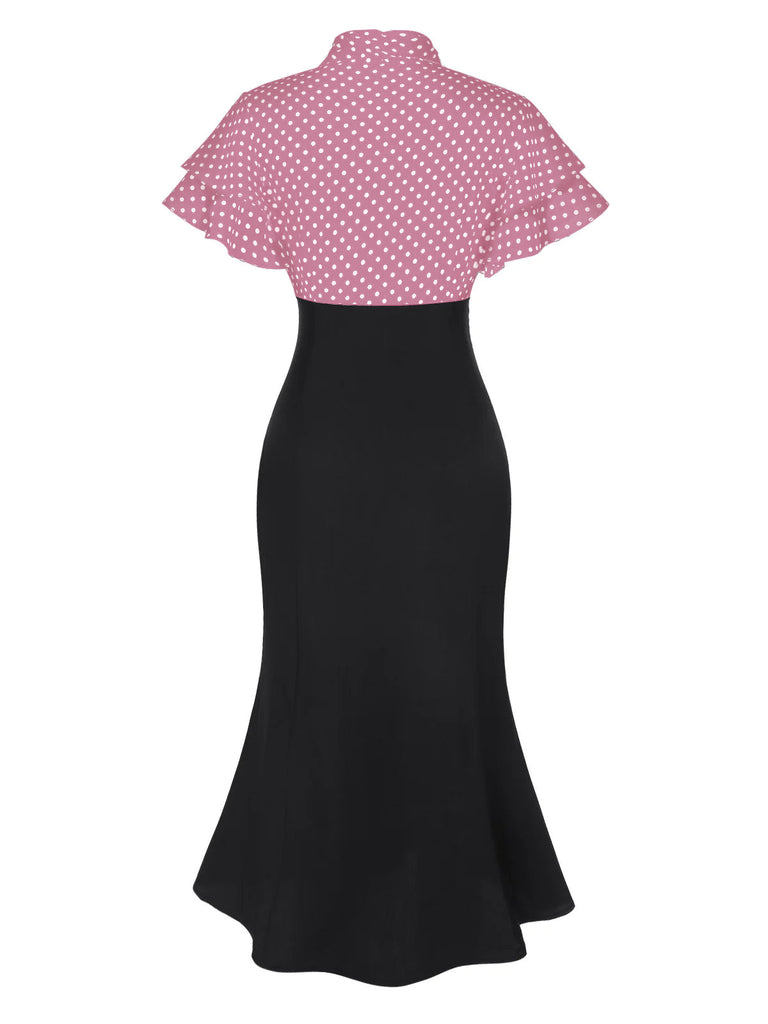 [Prévente] Robe sirène rose et noire à pois et col noué des années 1930