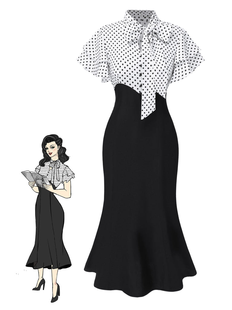 Robe sirène rose pêche à pois et col noué des années 1930