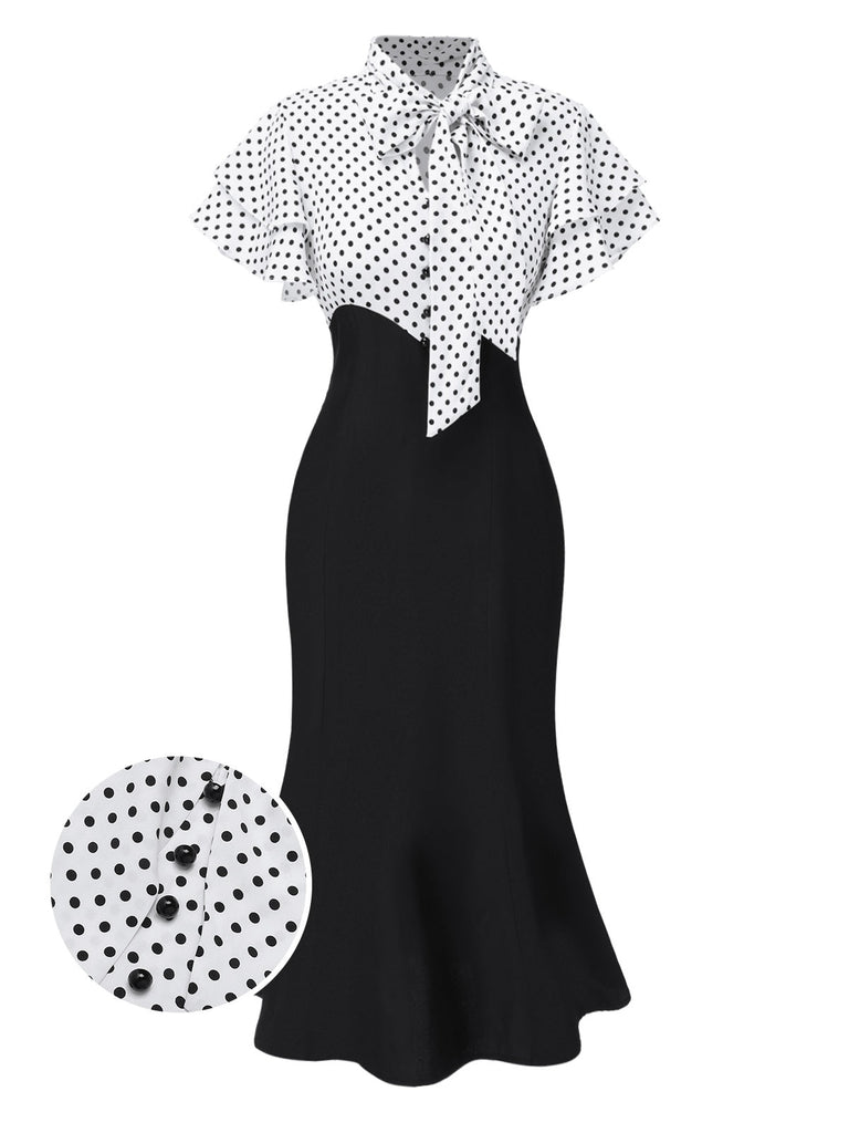 Robe sirène rose pêche à pois et col noué des années 1930