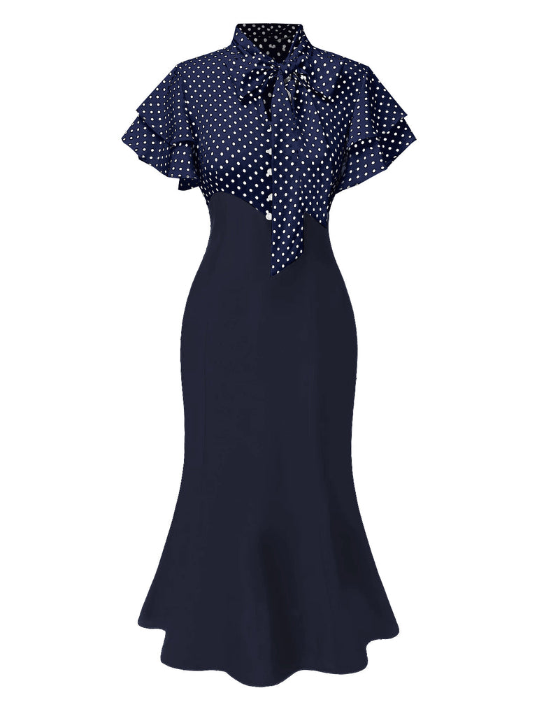 Robe sirène noire à pois et col noué des années 1930