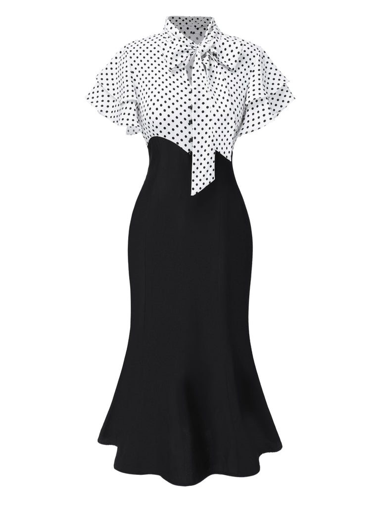 Robe sirène rose pêche à pois et col noué des années 1930
