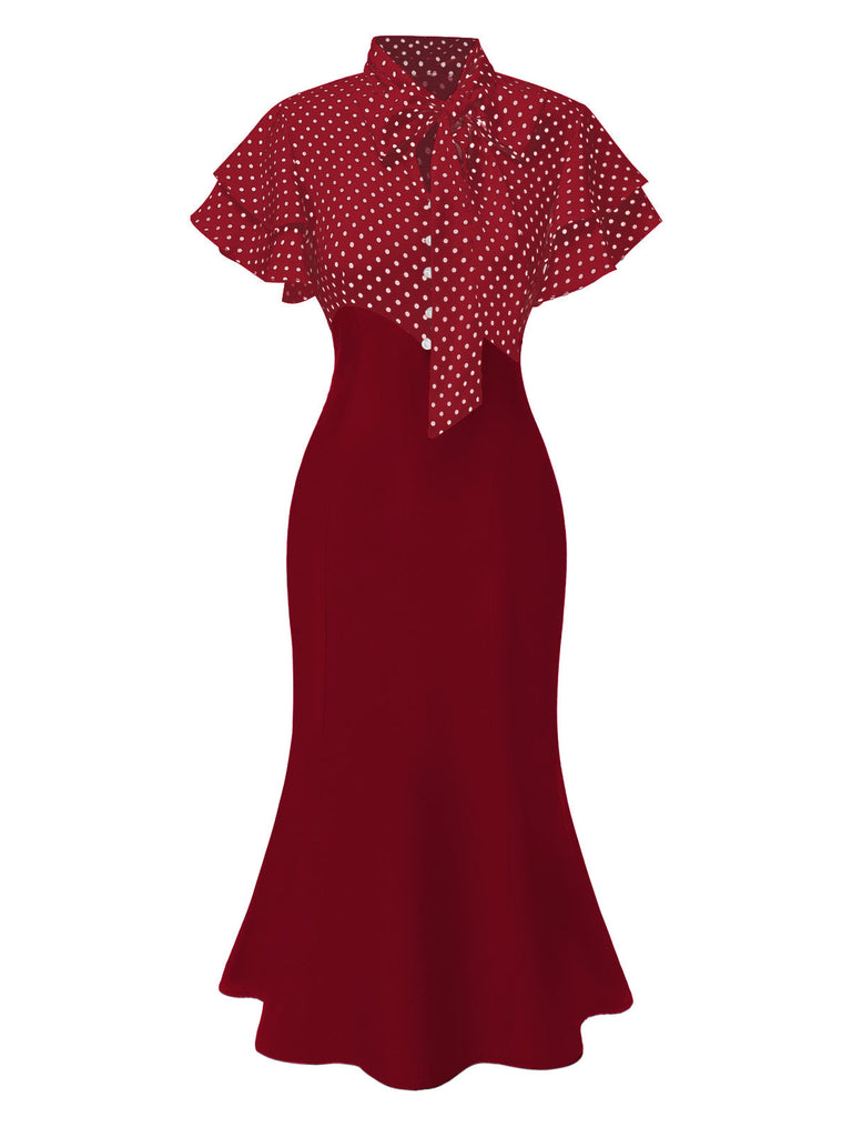 [Prévente] Robe sirène rose et noire à pois et col noué des années 1930