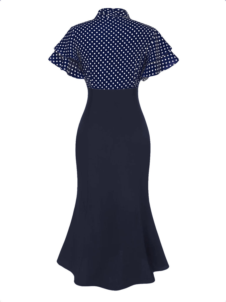 Robe sirène noire à pois et col noué des années 1930