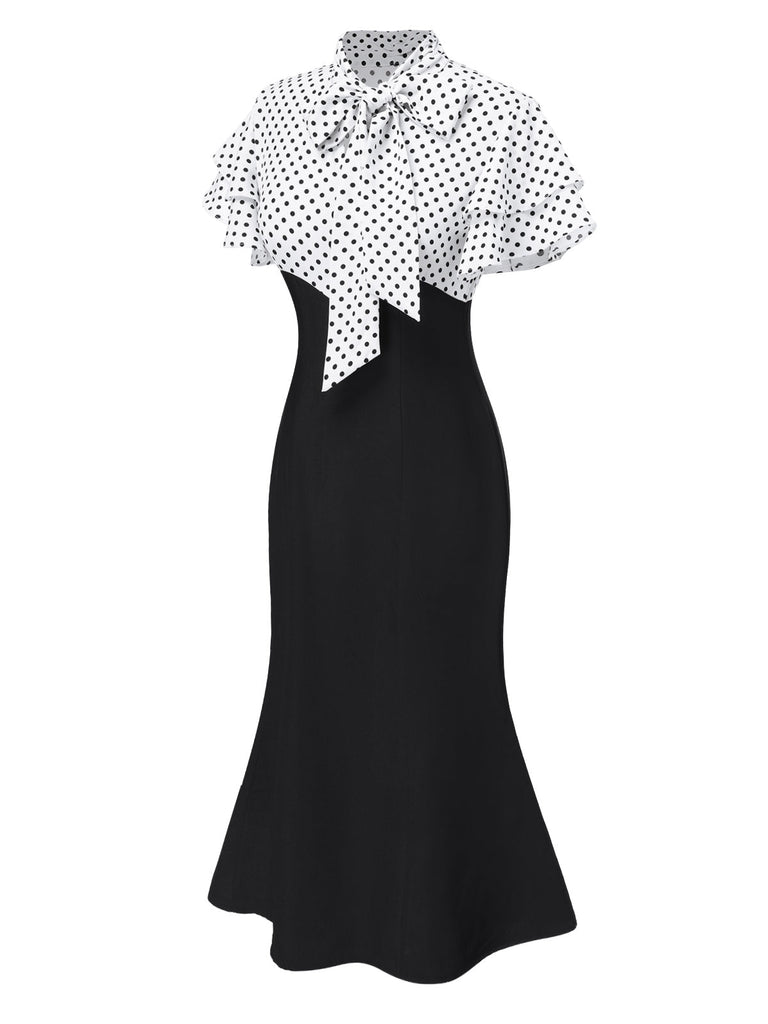 Robe sirène rose pêche à pois et col noué des années 1930