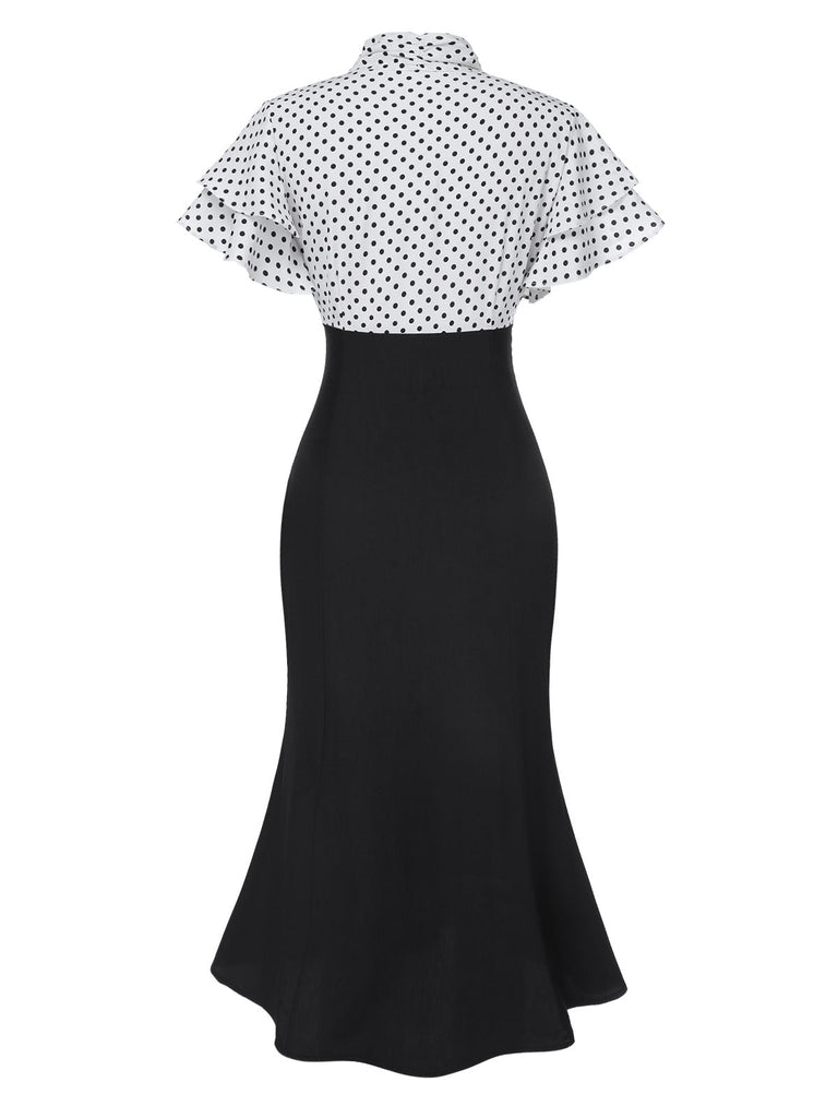 Robe sirène rose pêche à pois et col noué des années 1930