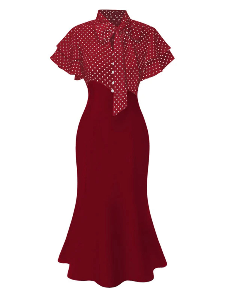 Robe sirène noire à pois et col noué des années 1930
