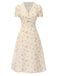 [Prévente] Robe bleu à manches bouffantes et revers fleuris des années 1940