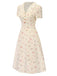 Robe beige à manches bouffantes et revers fleuris des années 1940