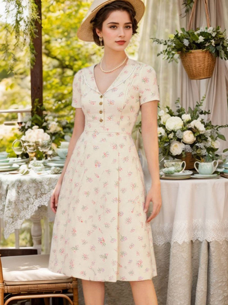[Prévente] Robe bleu à manches bouffantes et revers fleuris des années 1940