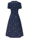 [Prévente] Robe bleu à manches bouffantes et revers fleuris des années 1940