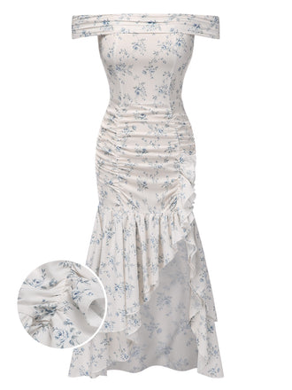 Robe bleue à volants et épaules dénudées motif floral des années 1930