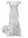 Robe bleue à volants et épaules dénudées motif floral des années 1930