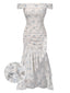 Robe bleue à volants et épaules dénudées motif floral des années 1930