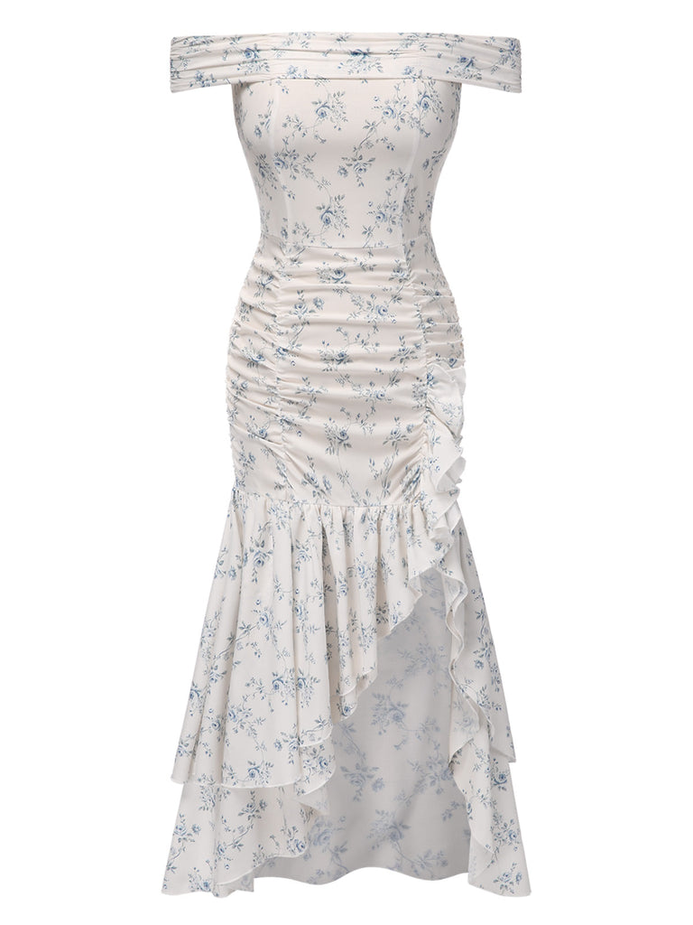 Robe bleue à volants et épaules dénudées motif floral des années 1930