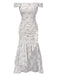Robe bleue à volants et épaules dénudées motif floral des années 1930