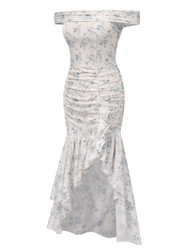 Robe bleue à volants et épaules dénudées motif floral des années 1930