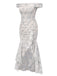 Robe bleue à volants et épaules dénudées motif floral des années 1930
