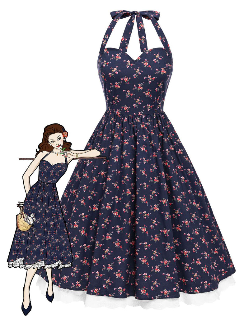 [Pré-vente] Robe licou en coton fleurs bleu foncé avec dentelle des années 1950