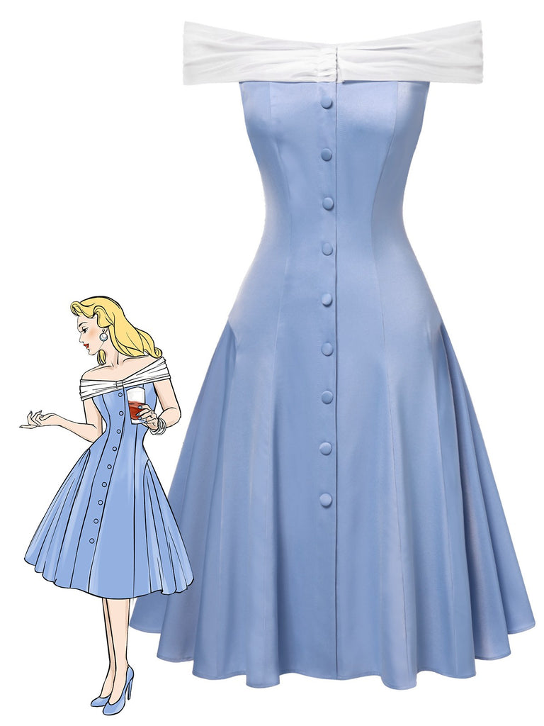 Robe patchwork en tulle bleu à épaules dénudées des années 1950