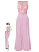 Combinaison ceinturée à col cœur motif roses rose des années 1960