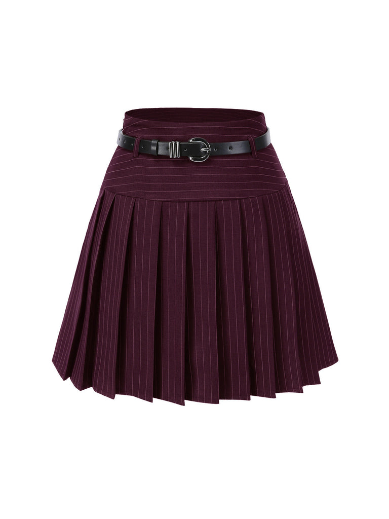 [Prévente] 2PCS Gilet à rayures fines vin rouge et jupe plissée des années 60