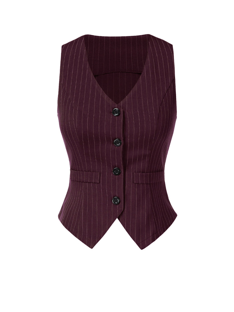 [Prévente] 2PCS Gilet à rayures fines vin rouge et jupe plissée des années 60
