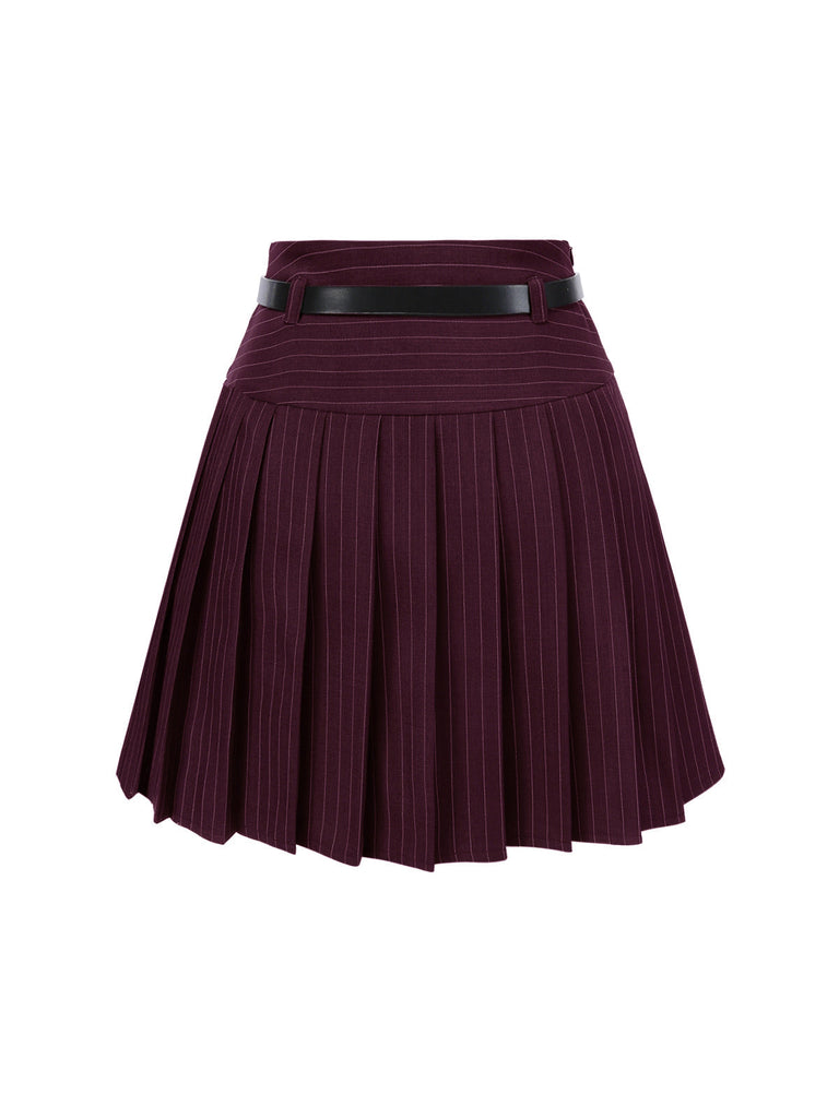 [Prévente] 2PCS Gilet à rayures fines vin rouge et jupe plissée des années 60
