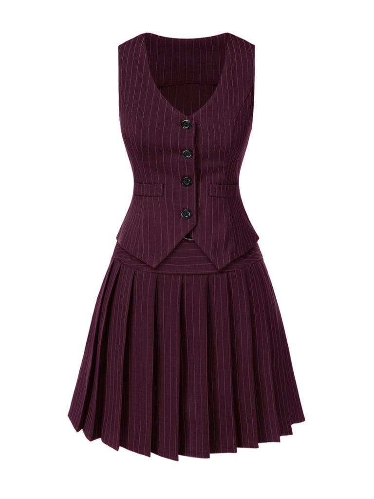 [Prévente] 2PCS Gilet à rayures fines vin rouge et jupe plissée des années 60