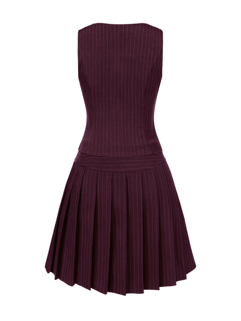 [Prévente] 2PCS Gilet à rayures fines vin rouge et jupe plissée des années 60
